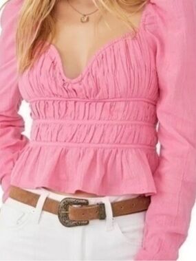 Free People Chole Pink Smocked Tie Neck Cotton Top Blouse Size S